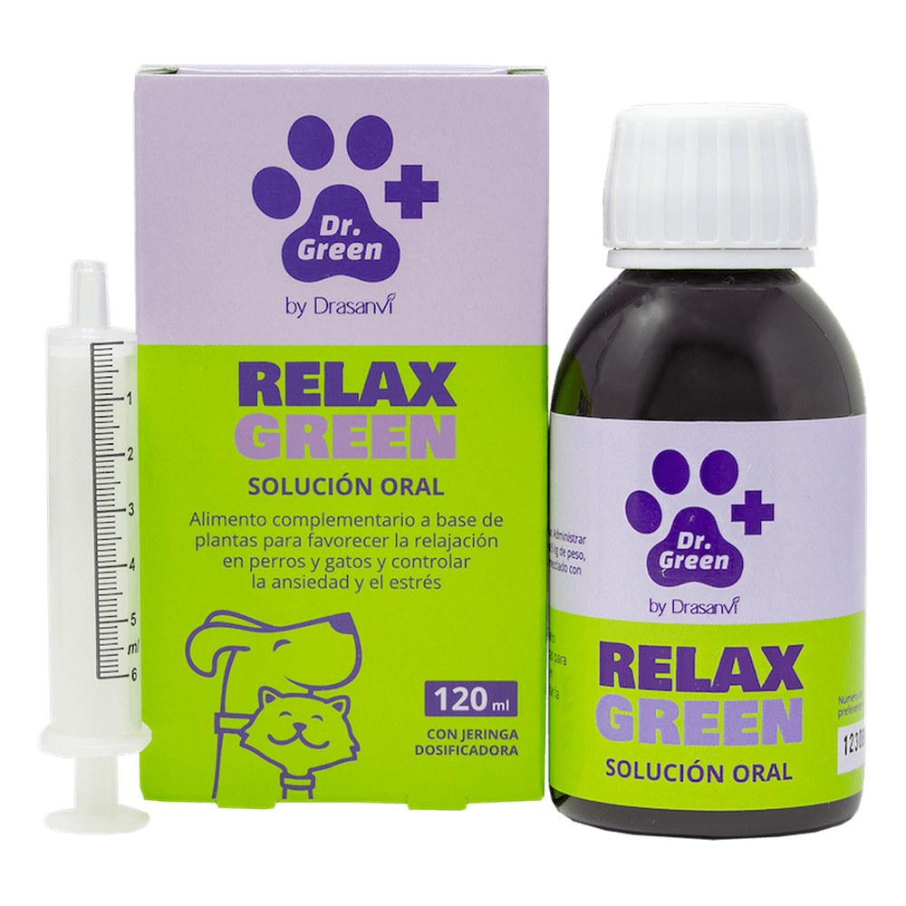 Dr. Green RelaxGreen solución oral – caja, frasco y jeringa dosificadora