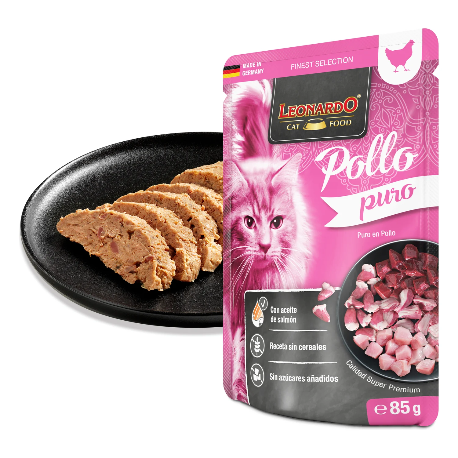 Leonardo Puro de Pollo para gatos – pouch de 85gr y paté en un plato