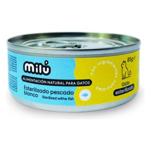 Milu Lata completa para gato 85gr – Pescado blanco, pollo y ternera (Esterilizados)