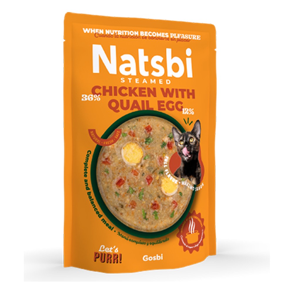 Natsbi Pollo con huevo de codorniz al vapor – comida húmeda para gatos
